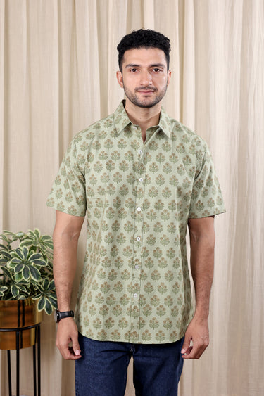 Sage Green Sanganeri Fine Cotton Men Shirt Half Sleeves MSHHS252C22