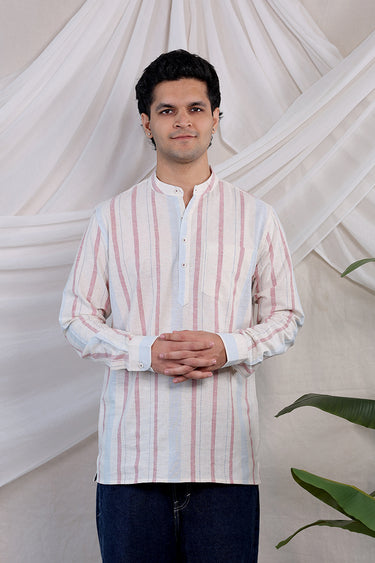 Red Blue Stripes Natural Cotton Linen Men Short Kurta