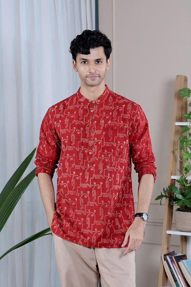 Rust Ajrakh Cotton Men Short Kurta
