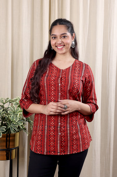 Rust Dhabu Cotton Women Kurti Long Sleeves WKILS252C89