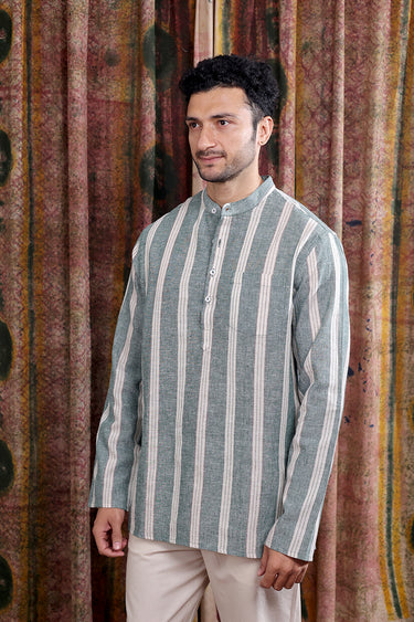 Forest Green Stripes Cotton Linen Men Short Kurta Full Sleeves MSKFS252C62