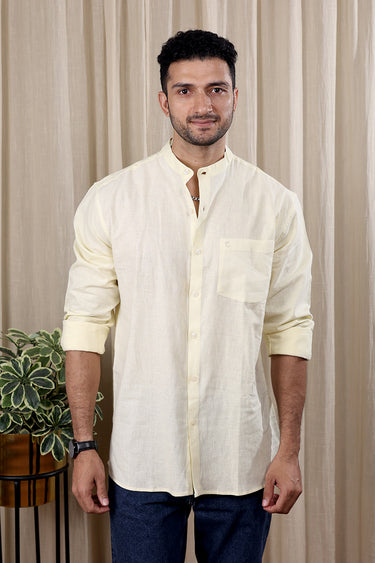 Pastel Yellow Hand Dyed Cotton Linen Men Shirt Full Sleeves MSHFS252C2