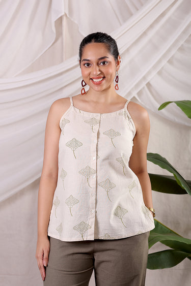 Ray of Hope Army Green Sanganeri Natural Cotton Linen Women Short Top