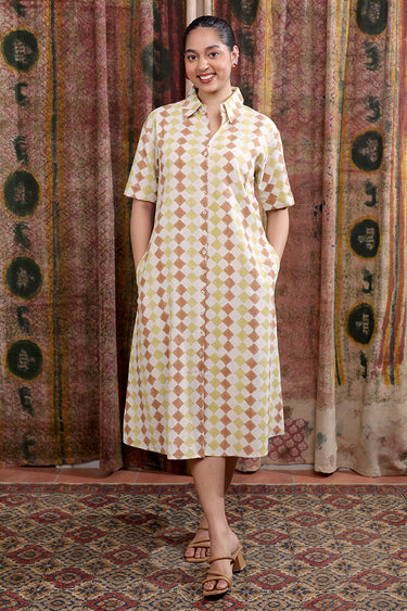 Brown Olive Sanganeri Cotton  Linen Women Midi Dress Short Sleeves WDRSS253C3