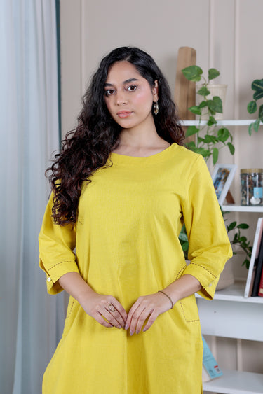 Golden Yellow Dyed Classic Cotton Linen Women Long Kurta