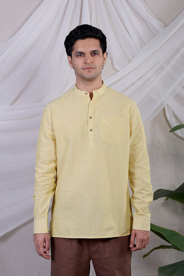 Warm Yellow Stripes South Cotton Flax Men Short Kurta