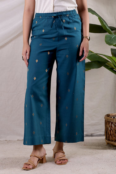 Teal Blue Zari Buti South Cotton Women Flared Pant