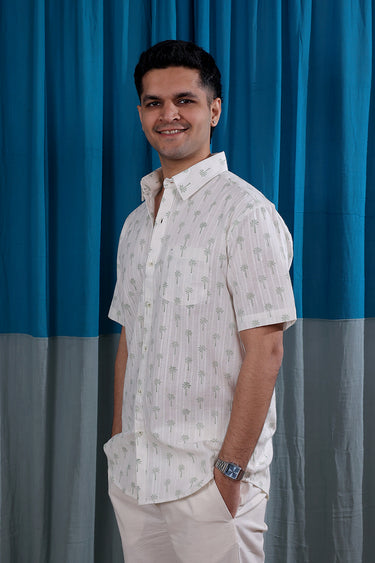 Pastel Green Sanganeri Natural Cotton Linen Men Shirt Half Sleeves MSHHS12255