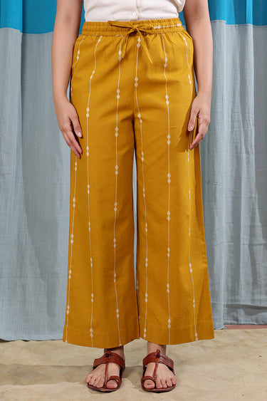 Ochre Yellow Stripes Dobbby South Cotton Women Flared Pant