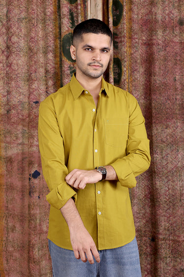 Olive Green Hand Dyed Cotton Slub Men Shirt Full Sleeves MSHFS251C20