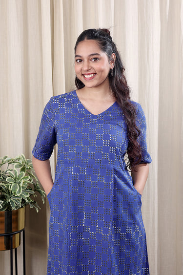 Dark Blue Bagru Cotton Women Midi Dress Long Sleeves WDRLS252C26