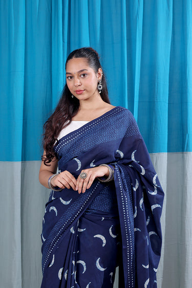 Indigo Dhabu Cotton Malmal Saree