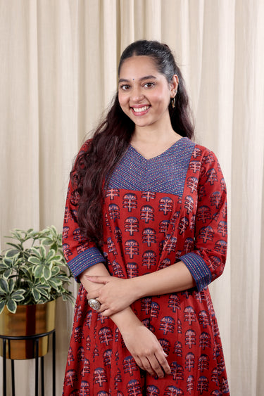 Rust Hand Embroidery Dhabu Cotton Women Ankle Kurta Long Sleeves WAKLS252C43