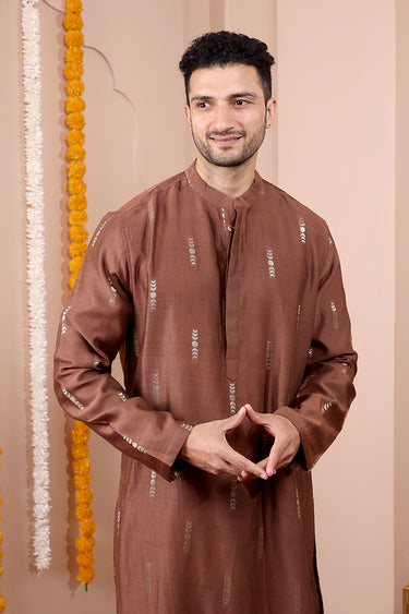 Brown Jaquard Buta Banarasi Silk Men Long Kurta Full Sleeves MLKFS252C56