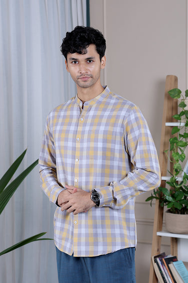 Yellow Grey Checks South Cotton Men Shirt