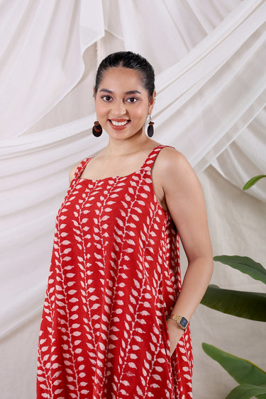 Rust Dhabu Cotton Women Midi Dress