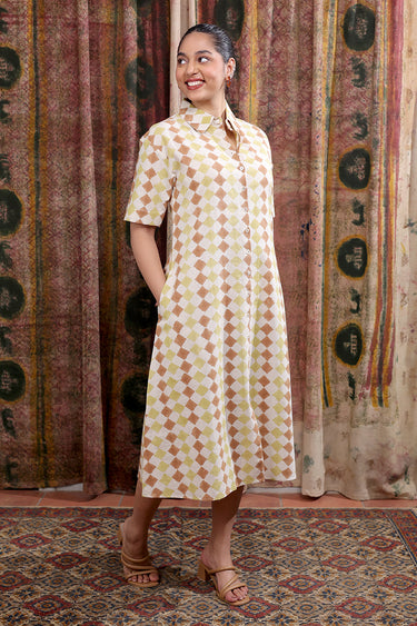 Brown Olive Sanganeri Cotton  Linen Women Midi Dress Short Sleeves WDRSS253C3