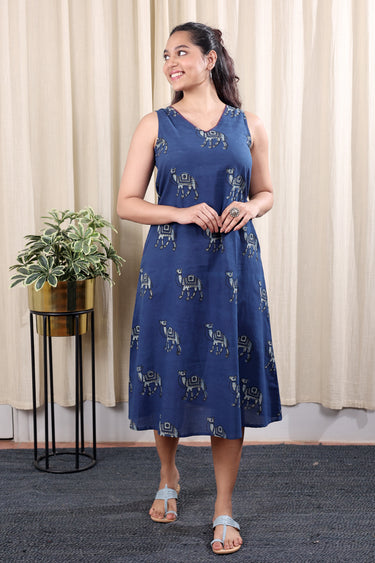 Indigo Dhabu Cotton Women Midi Dress Sleeveless WDRSL253C4
