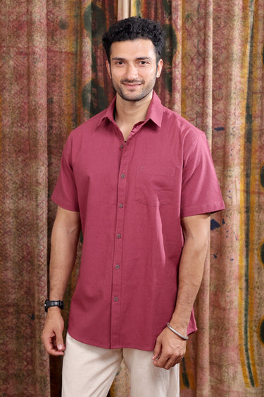 Wine Hand Dyed Cotton Linen Men Shirt Half Sleeves MSHHS253C9