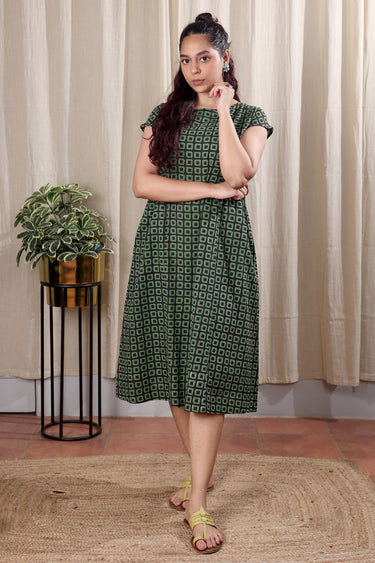 Military Green Bagru Cotton Slub Women Midi Dress Short Sleeves WDRSS252C3
