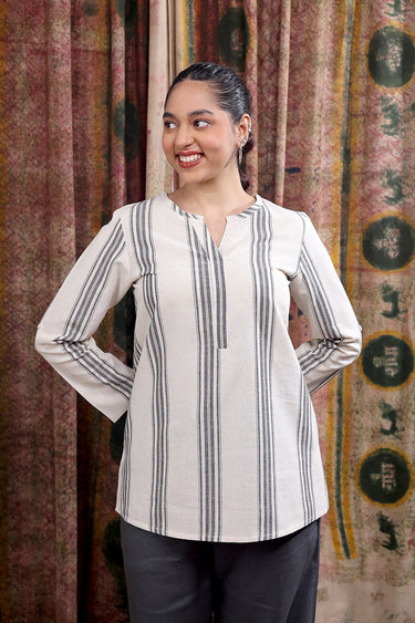 Dark Grey Stripes Cotton Linen Women Kurti Long Sleeves WKILS253C48