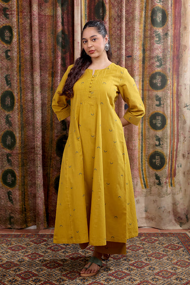 Ochre Dobby Buti South Cotton Women Ankle Kurta Long Sleeves WAKLS252C46