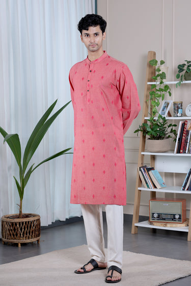 Light Coral Dobby South Cotton Men Long Kurta