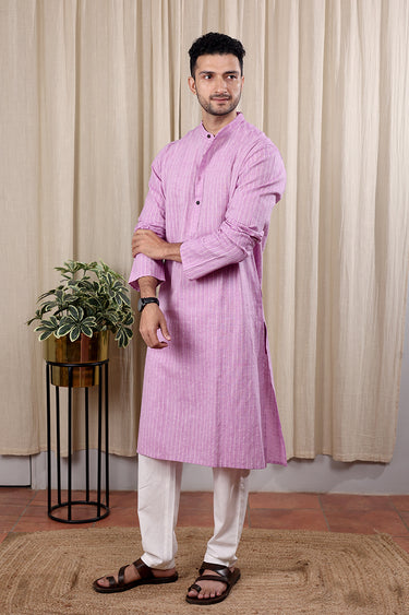 Purple Dobby Stripes South Cotton Men Long Kurta Full Sleeves MLKFS252C45