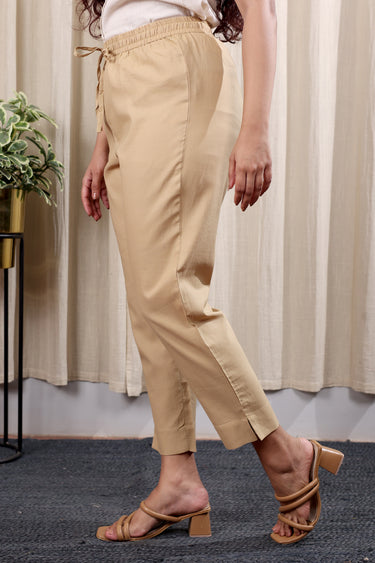 Beige Hand Dyed Cotton Satin Women Ankle Pant WAKPT252C72