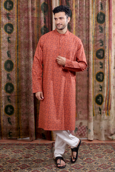 Rust Sanganeri Cotton  Linen Men Long Kurta Full Sleeves MLKFS253C20