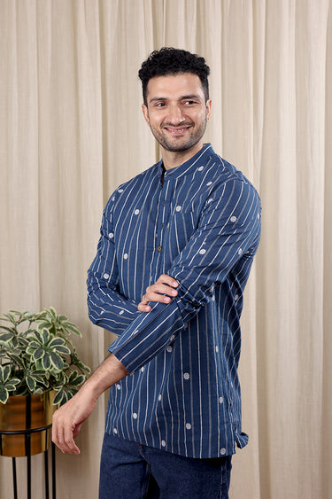 Deep Blue Dobby Stripes South Cotton Men Short Kurta Full Sleeves MSKFS252C50
