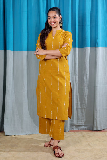 Ochre Yellow Stripes Dobbby South Cotton Women Long Kurta