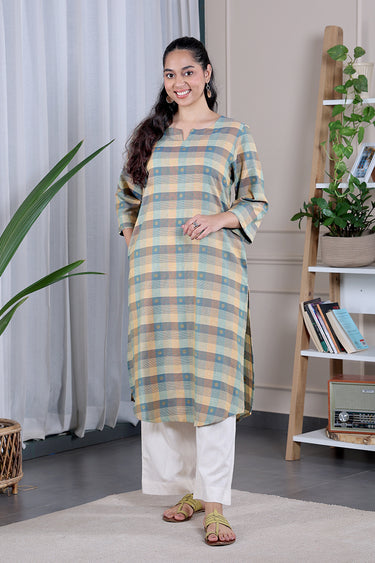 Beige Blue Checks Dobby Cotton Women Long Kurta