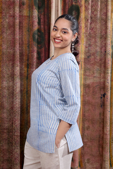 Blue Sanganeri Cotton Flax Women Kurti Long Sleeves WKILS253C62