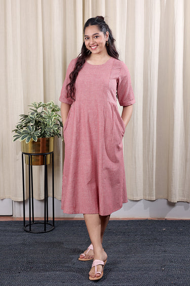 Maroon Stripes Cotton Flax Women Midi Dress Long Sleeves WDRLS252C27