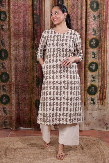 Grey Dhabu Cotton Flax Women Long Kurta Long Sleeves WLKLS253C25