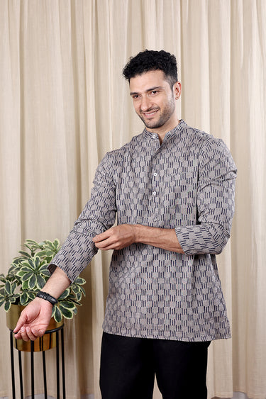 Grey Sanganeri Amber Cotton Men Short Kurta Full Sleeves MSKFS252C35