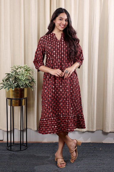 Brick Red Dhabu Cotton Checks Women Midi Dress Long Sleeves WDRLS252C23