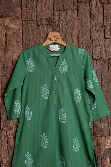 Forest Green Sanganeri Cotton Misdent  Women Long Kurta