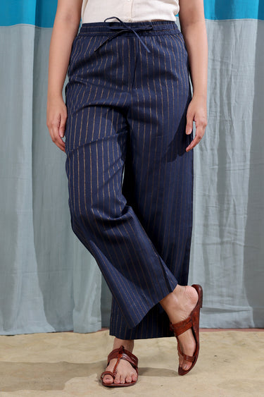 Prussian Blue Stripes Zari South Cotton Women Flared Pant