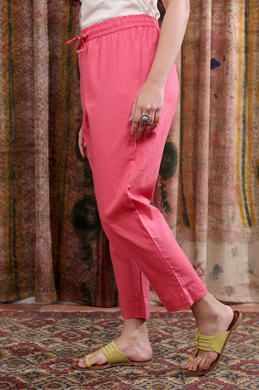 Dark Pink Hand Dyed Cotton Linen Women Ankle Pant WAKPT252C32