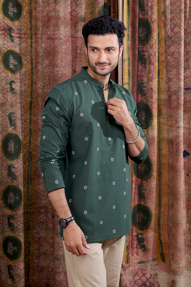 Forest Green Dobby Buti South Cotton Men Short Kurta Full Sleeves MSKFS252C79