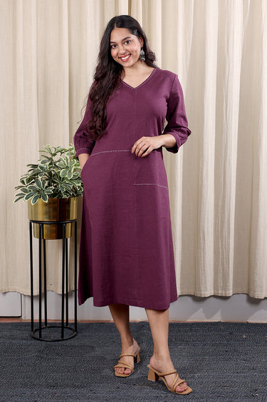 Purple Prune Hand Dyed Cotton Linen Women Midi Dress Long Sleeves WDRLS252C19