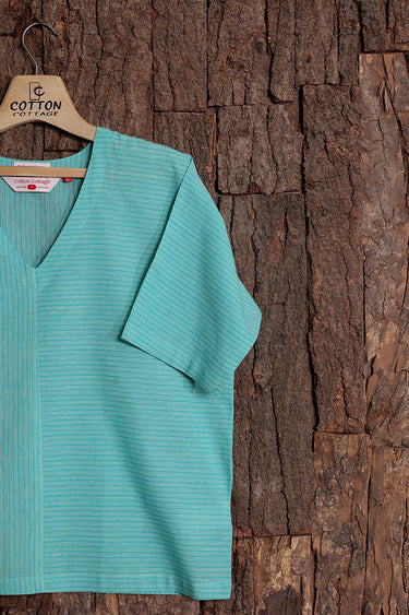 Aqua Green Stripes South Cotton  Women Short Top Long Sleeves WSTLS01268