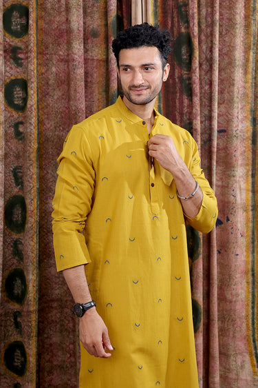 Ochre Dobby Buti South Cotton Men Long Kurta Full Sleeves MLKFS252C59