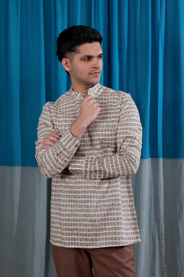 Brown Purple Sanganeri Natural Cotton Linen Men Short Kurta