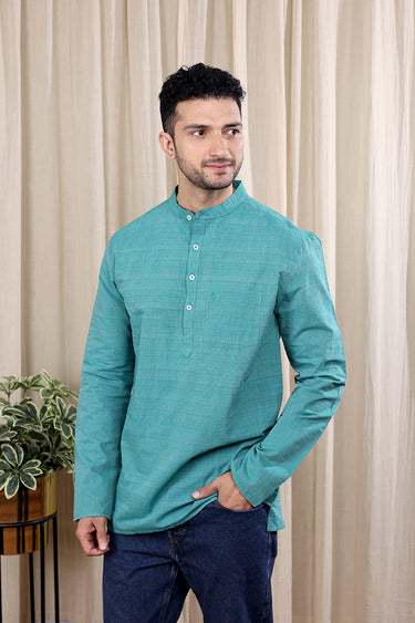 Sea Green Stripes South Cotton Men Short Kurta Full Sleeves MSKFS252C38