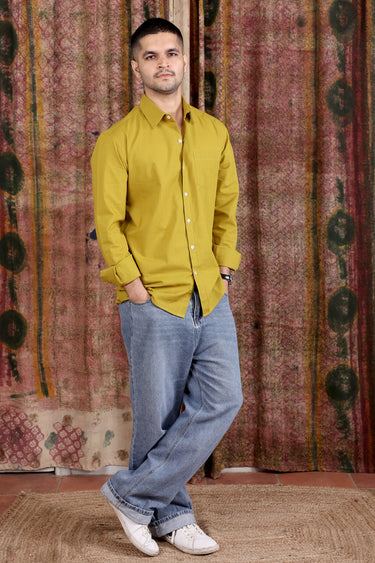 Olive Green Hand Dyed Cotton Slub Men Shirt Full Sleeves MSHFS251C20