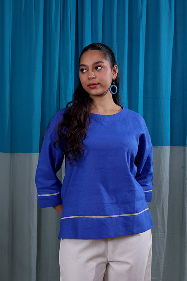 Royal Blue Dyed Classic Cotton Linen Women Short Top