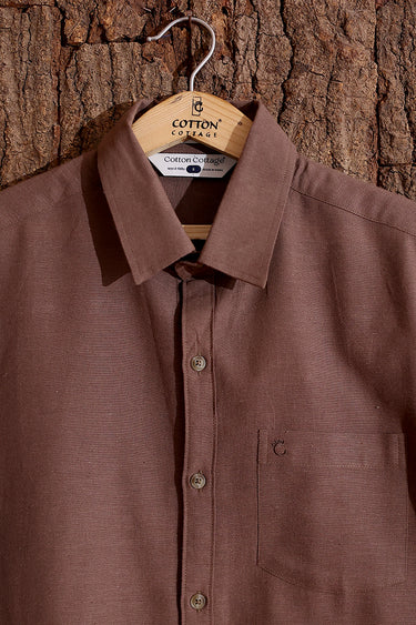 Raw Brown Yarn Dyed Cotton Flax Men Shirt Half Sleeves MSHHS253C10